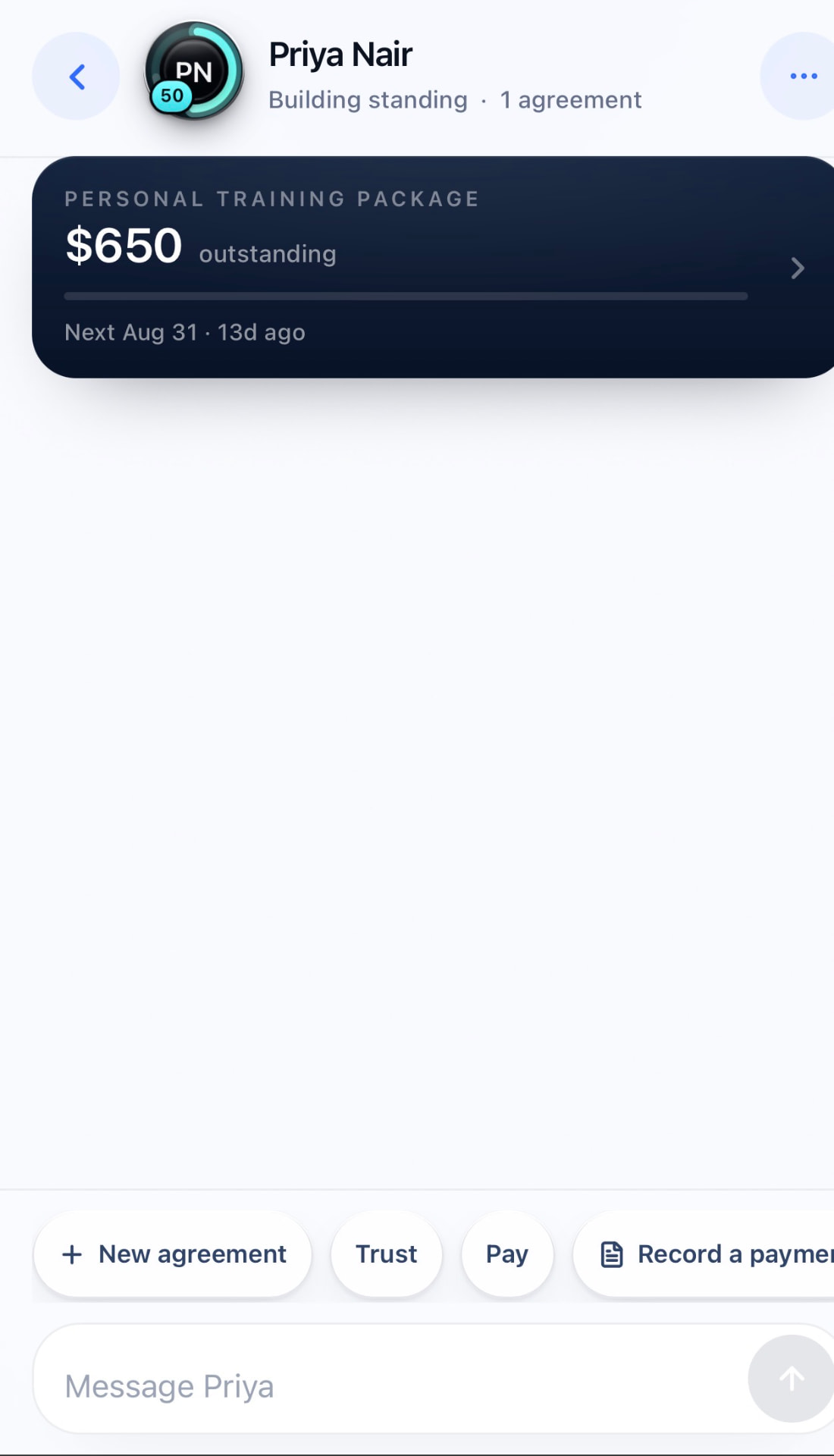 PayToOwe conversation with Priya Nair, agreement actions, and message composer